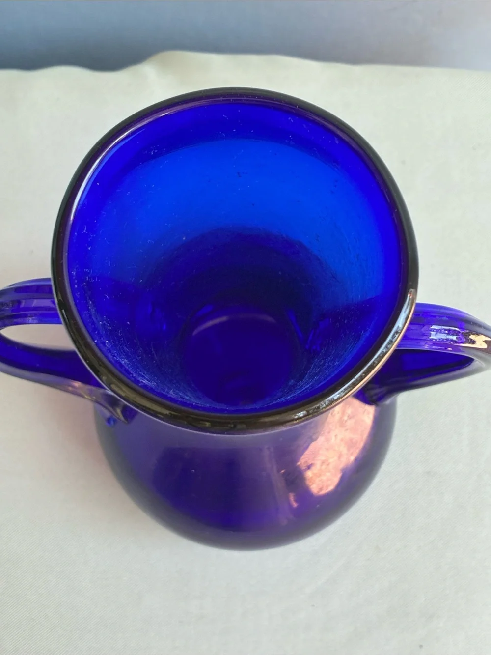 Vintage Cobalt Blue Hand Blown Glass Vase - 10" Double Handle - Picture 3 of 6